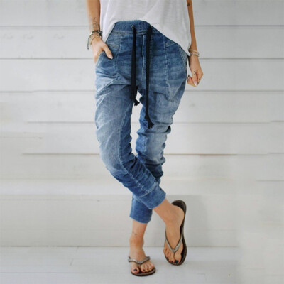 

〖Follure〗Women Summer Elastic Plus Loose Denim Casual Drawstring Plus Cropped Jeans