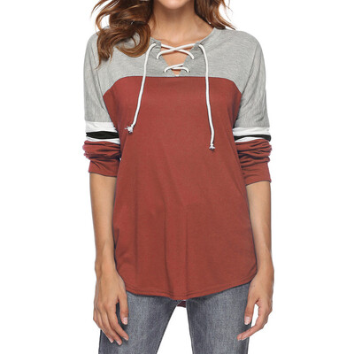 

Nomeni Women Casual Long Sleeve Solid Color Blocking Striped V-Neck Blouse tops
