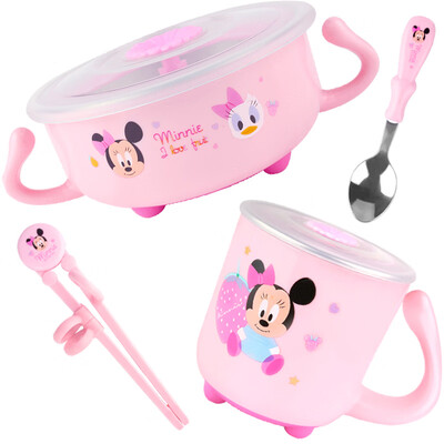 

Disney childrens tableware baby food bowl baby insulation bowl with lid single handle water cup chopsticks spoon set combination set of 4 Minnie