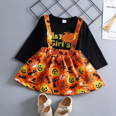 

Halloween Toddler Kids Baby Girls Pumpkin Tops Straps Skirt Dress Outfit Clothes