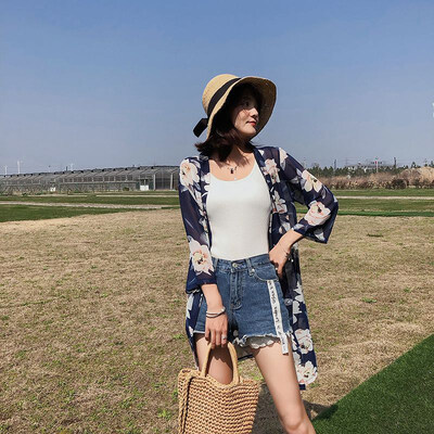 

Summer Womens Blouse Mid-Length Chiffon Print Blue Begonia Sun Protection Clothing Seven-Point Sleeve College Cardigan One Size