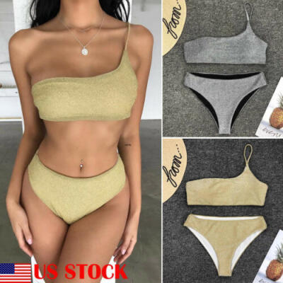 

US Women One Shoulder Bikini Swimwear Beachwear Bra Swimsuit Top Triangle Bottom