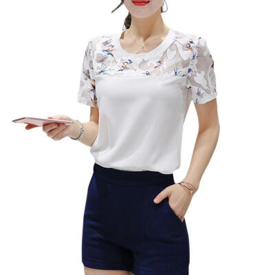 

Women Summer Short-Sleeves Mesh Net Slim Stitching T-Shirt Printing Tops