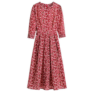 

Fashion Women Elegant Floral Dress 34 Sleeves Pleated High Waist Vintage A-Line Party Casual Midi Dress