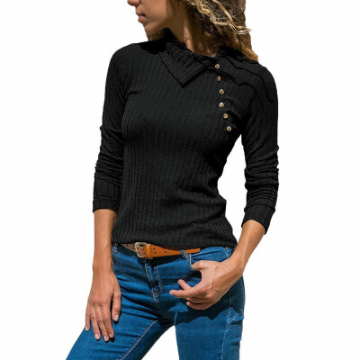 

Lapel ribbed knit top long sleeves slim bottoming T-shirt