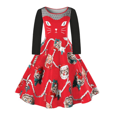 

Gobestart Women Plus Size Fashion Christmas Plus Size Kitten Pattern Swing Dress