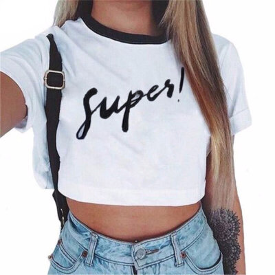 

Summer Women Cotton Short Sleeve O-Neck Cotton Printing Half Waist T-Shirt Womens Tee Tops