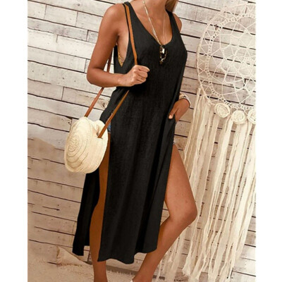 

Womens V-Neck Side Slit Loose Sleeveless Solid Midi Dress