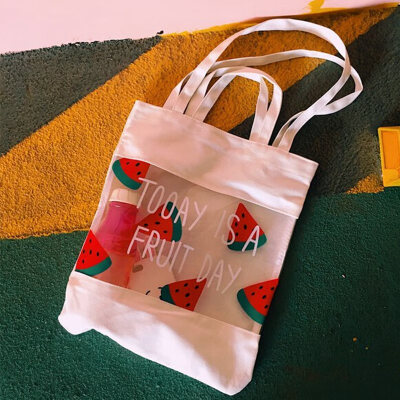 

Women Fashion Transparent Fresh Party Tote Bags Canvas Patchwork Large Capacity Shoulder Bag Summer Style Reusable Shopping Bag