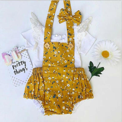 

US 3PCS Newborn Baby Girl Summer Clothes Floral TopsShorts Bib Pants Outfits