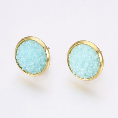 

Resin Stud Earrings with Golden Tone 304 Stainless Steel Findings Flat Round Druzy Resin LightBlue 14515mm Pin 07mm