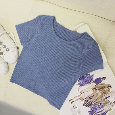 

Summer Women Knitted Short T Shirt Sexy O-neck Short Sleeves Top High Elasticity Solid Color Female Slim Tshirt Korean