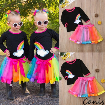 

2PCS Toddler Baby Girl Rainbow T-shirt TopsShort Tutu Skirt Outfit Mesh Dresses