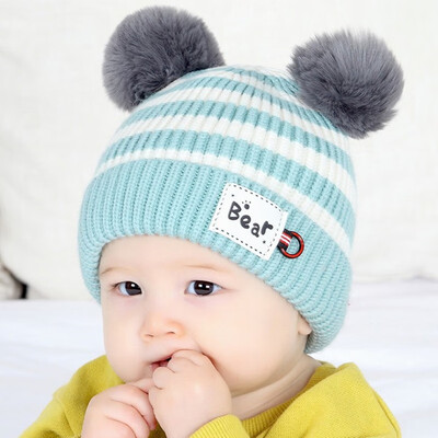 

Autumn winter baby wool cap for children plus fleece girls 5 to 30 months male&female cap striped double wool warm hat