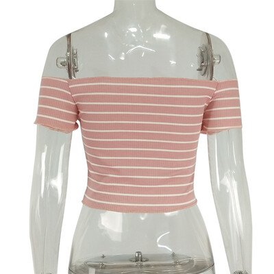 

Women Summer One Word Collar Short-Sleeved Stripes Print Slim Casual Simple Wild T-Shirt