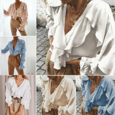 

AU Women Long Sleeve V Neck Chiffon Tops Casual Loose Summer Blouse T-Shirt