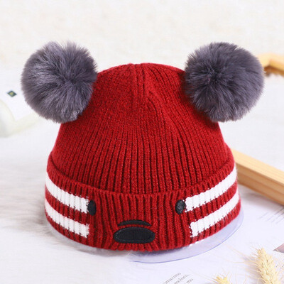 

Cute Bear Double Balls soft Baby Knitted Wool hat Thick head protector keep warm for boys&girls outdoor Autumn Winter hat
