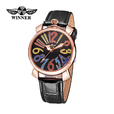 

WINNER Fashion Women Automatic Mechanical Watch Self-winding Eye-catching Skeleton Hollowed-out Wristwatch with Colorful Hour Mark