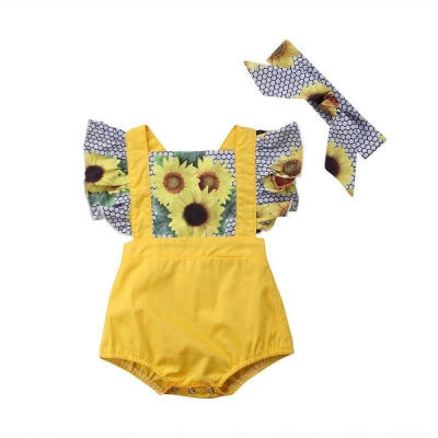 

Newborn Toddler Baby Girls Summer Sunflower Romper Bodysuit Headband Brace Outfits Clothes