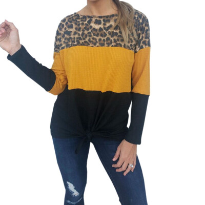 

Women Sweater Leopard Three Color Matching Long Sleeve Round Neck Twist Knot Pullover