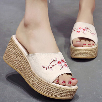 

Rose Women Summer Retro Ethnic Wind Embroidery Flowers Wedge Slippers Beach Shoes