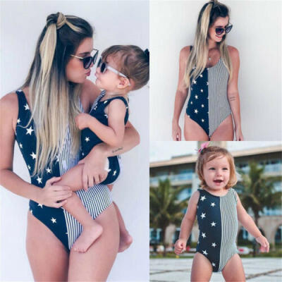 

Women Baby Kid Girls Striped Swimwear Swimsuit Bikini Beachwear Bathing Swimming