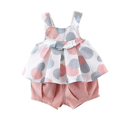 

2pcs Baby Printed Pleated Girls Summer Straps Lace Tops Shorts Clothes Set