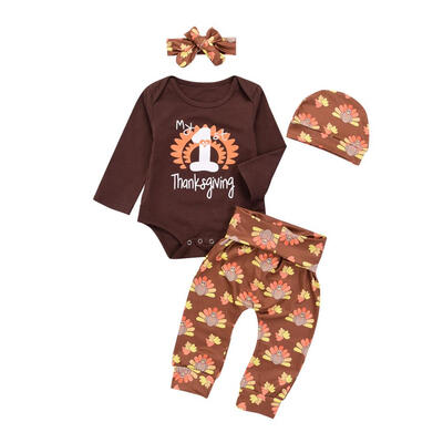 

4pcsSet Autumn Thanksgiving Baby Clothes Cute Rompers Pants Headband Hat