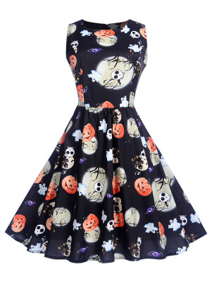 

Halloween Pumpkin Print High Waist Swing Dress