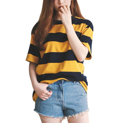 

Women Yellow&Black Striped T-shirts Round Neck Collar Loosen Half Sleeve Female T-Shirt Casual Ladies Tops&Clothing