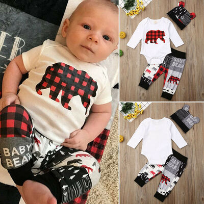 

Newborn Baby Boy Girl Bear Print Romper Bodysuit Pants Hat Christmas Outfits Set
