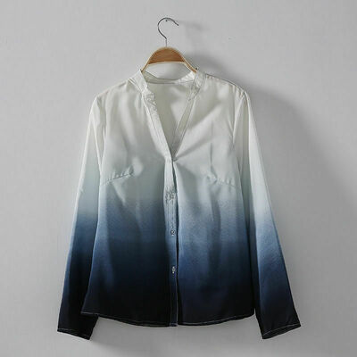 

Women Lady Fade Gradient Long Sleeve Chiffon V-neck Loose Tops Blouse T-Shirt