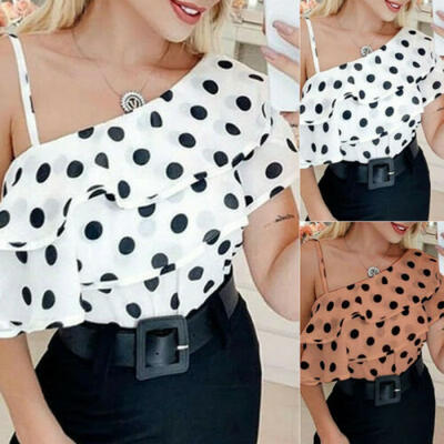 

Plus Tops Women One Shoulder Dot Print T-shirt Short Sleeve Loose Casual Blouse