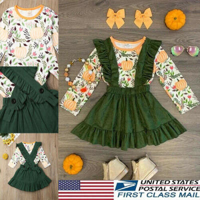 

US Baby Girls Pumpkin Skirt Set TopSuspender Skirt Halloween Style Outfit Set