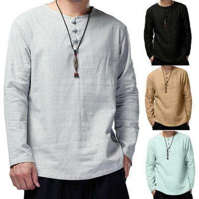 

UK Mens Long Sleeve Henley Shirt Casual Cotton Linen T-shirt Loose Retro Tops