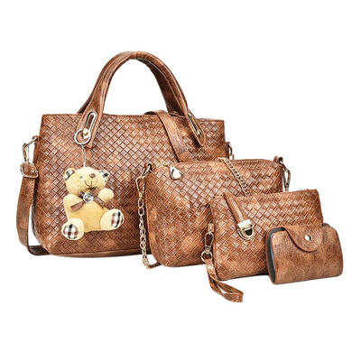 

Fashion Women 4pcs Bag Set Weaven PU Soft Handbag Should Bag Tote Clutch