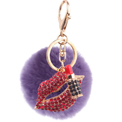 

8cm Rex Rabbit Fur Ball Red Lip Key Keychain New Plating Alloy Diamond Ball Bag Car Ornament
