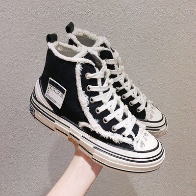 

Street canvas shoes female autumn celebrity ulzzang high-heeled shoes Hong Kong style color round head tie board shoe tide