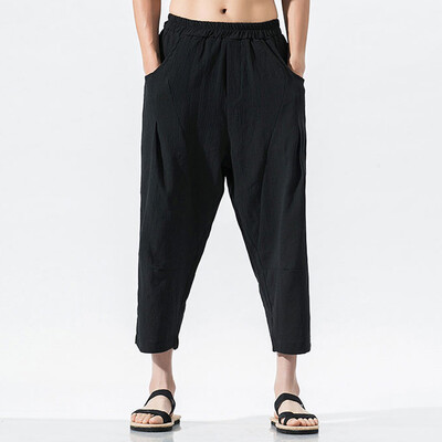 

Gobestart Mens Casual Vintage Loose Cotton Linen Pure Color Comfort Calf-Length Pant