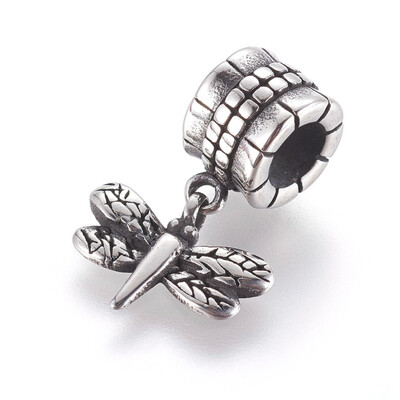

304 Stainless Steel European Dangle Beads Large Hole Pendants Dragonfly Antique Silver 21mm Hole 5mm Pendnat 11x14x2mm