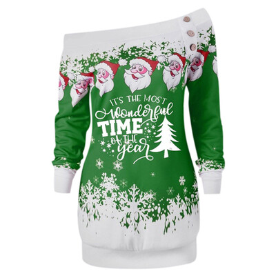 

Tailored Womens Fashion Santa Claus Snowflake Skew Neck Pullover Christmas Blouses