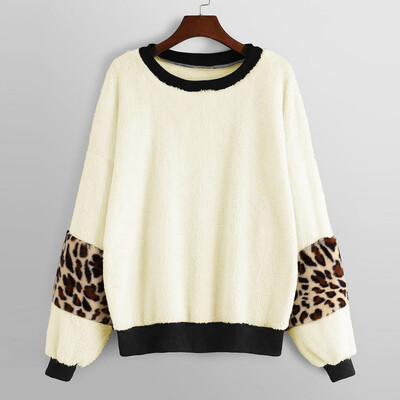 

Tailored Women Warm Leopard Splice Long Sleeve Pullover Plush Tops Blouse