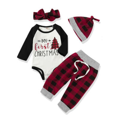 

US My 1st Christmas Clothes Set Infant Baby Romper TopPants 4PCS Xmas Outfits