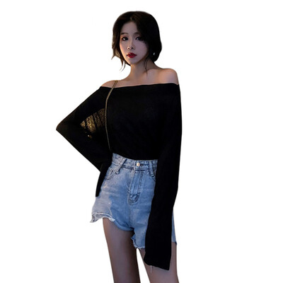 

Slash Neck Casual Loose Long Sleeve Solid Off Shoulder Pullover Tops