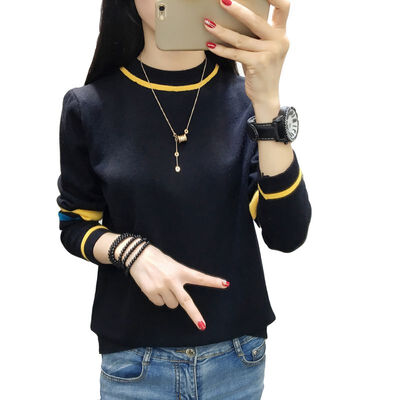 

Women Autumn Knitted Pullovers Sweater Round Collar Slim Color Patchwork Long-Sleeved Casual Wild Bottoming Tops Winter Sweaters
