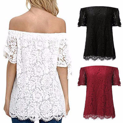 

Womens Blouse Slash Neck Short Sleeve Solid Color Plus Size Lace Top shirts