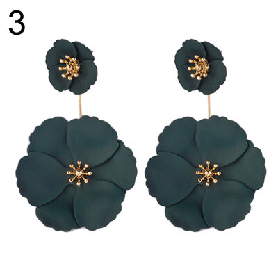 

Fashion Women Dual Layer FabricFlower Dangle Ear Stud Earrings Jewelry Decor