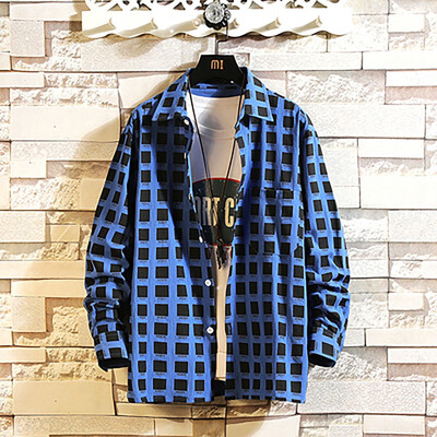 

Tailored Mens Autumn New Casual Fashion Plaid loose Lapel Long Sleeve Shirt Tops
