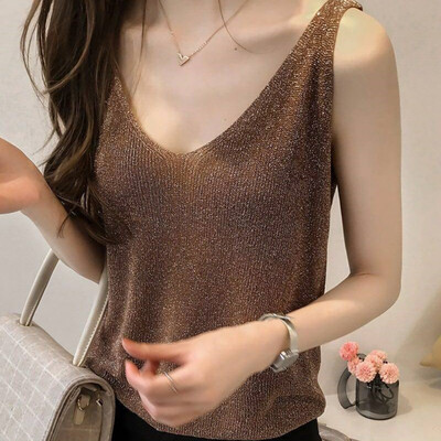 

Womens Summer V Neck Loose Sequined Ice Silk Knitted Tank Top