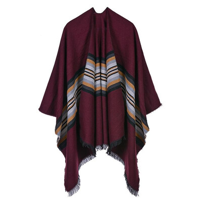 

Women Poncho Cardigan Sweater Contrast Color Striped Cashmere Capes Shawl Scarf Outerwear